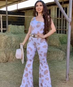 Valeria'S Boutique Bessie Cowprint Flare Pants (Taupe)