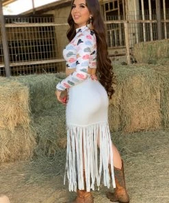 Valeria'S Boutique Rodeo Collection Light Blue / Bone Suede Fringe Midi Skirt