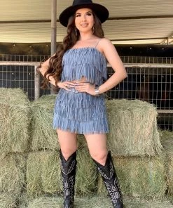 Valeria'S Boutique Let’s Rodeo Fringe Top (Blue)