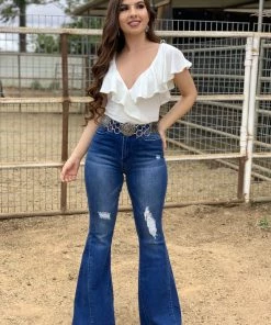 Valeria'S Boutique New Arrivals Rutila High Rise Bell Bottom Jeans (Dark)(With Rips) - Eco-Friendly
