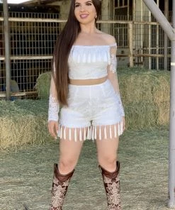 Valeria'S Boutique Angelina Fringe & Lace Short Set (White)