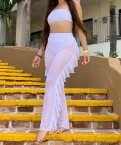 Valeria'S Boutique Summer / Beach Ruffle Coverup Pants (White)