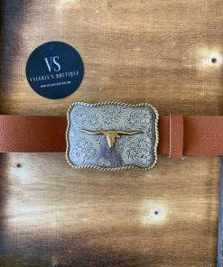 Valeria'S Boutique Longhorn Buckle Western Belt (Brown)