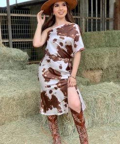 Valeria'S Boutique Lola Cowprint Maxi Dress (Brown)