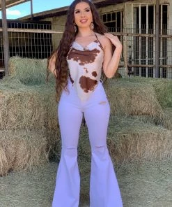 Valeria'S Boutique Lola Cowprint Halter Top (Brown)