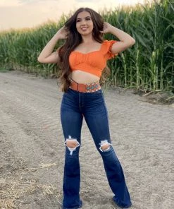 Valeria'S Boutique Rosabella Distressed High Rise Flare Jeans (Dark) New Arrivals