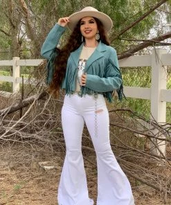 Valeria'S Boutique La Quebradora Fringe Suede Jacket (Turquoise)