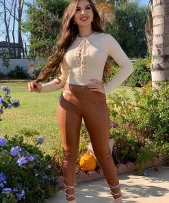 Valeria'S Boutique Sherry High Rise Leather Pants (Cognac)