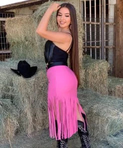 Valeria'S Boutique Joana Leather Fringe Midi Skirt (Pink)