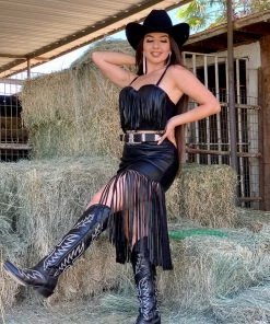 Valeria'S Boutique Joana Leather Fringe Midi Skirt (Black)