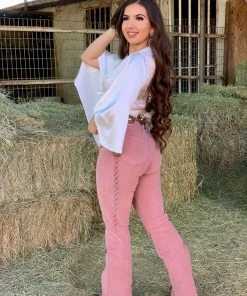 Valeria'S Boutique COLORES Collection Pink High Rise Corduroy Flare Pants