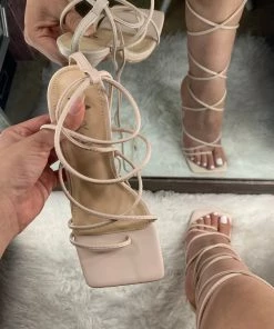 Valeria'S Boutique New Arrivals She's A Statement Square Toe Lace Up Heels (Nude)