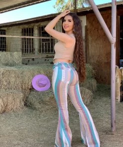 Valeria'S Boutique Vintage Striped Mid/High Rise Bell Bottom Jeans (Turquoise Multi) Rodeo Collection