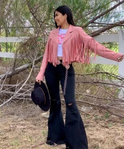 Valeria'S Boutique Rodeo Collection La Quebradora Fringe Suede Jacket (Pink)