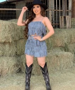 Valeria'S Boutique Let’s Rodeo Fringe Skirt (Blue)