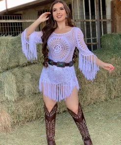 Valeria'S Boutique Rodeo Collection Hannah Crochet Fringe Coverup (White)