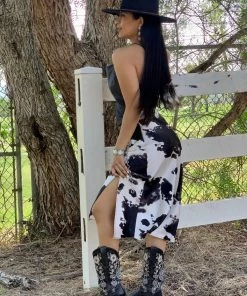 Valeria'S Boutique Lola Cowprint Midi Skirt (Black) Rodeo Collection