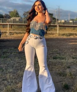 Valeria'S Boutique Denim Rhinestone Fringe Bustier Top Rodeo Collection