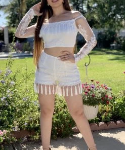Valeria'S Boutique Angelina Fringe & Lace Short Set (White)