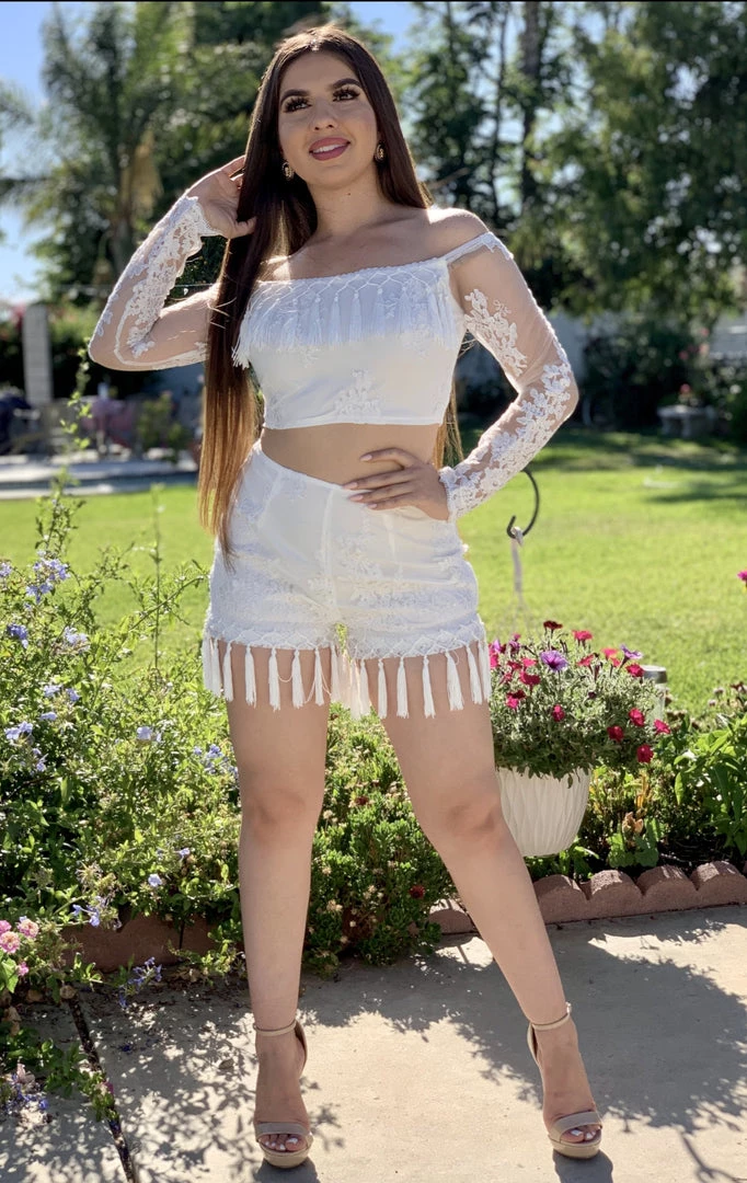 Valeria'S Boutique Angelina Fringe & Lace Short Set (White) 4 Valeria'S Boutique Angelina Fringe & Lace Short Set (White)