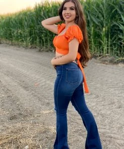 Valeria'S Boutique COLORES Collection Glenda Short Sleeve Top (Tangerine Orange)