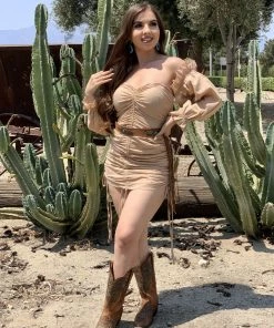 Valeria'S Boutique Matilde Long Sleeve Ruched Drawstring Mini Dress (Nude)