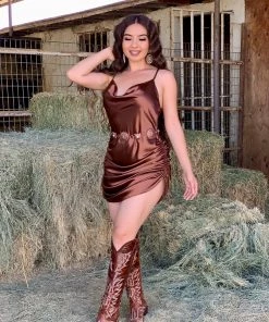 Valeria'S Boutique Jennifer Satin Ruched Dress (Bronze) New Arrivals