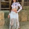 Valeria'S Boutique Rodeo Collection Light Blue / Bone Suede Fringe Midi Skirt