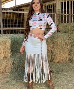 Valeria'S Boutique Rodeo Collection Light Blue / Bone Suede Fringe Midi Skirt