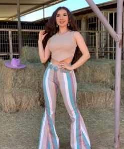 Valeria'S Boutique Vintage Striped Mid/High Rise Bell Bottom Jeans (Turquoise Multi) Rodeo Collection