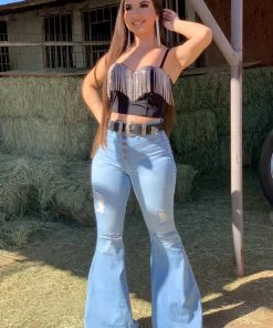 Valeria'S Boutique Baila Esta Cumbia High Rise Bell Bottom Jeans (Light) Rodeo Collection