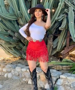 Valeria'S Boutique Vaquera Suede Fringe Mini Skirt (Red) COLORES Collection