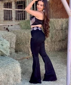 Valeria'S Boutique Kelsey Rhinestone Fringe Top (Black) Rodeo Collection