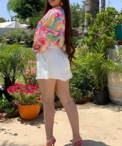 Valeria'S Boutique Neon Swirl Satin Blouse COLORES Collection