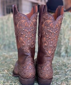 Valeria'S Boutique New Arrivals Camelia Swarovski Studded Overlay Rio Grande Western Boots (Maple)