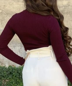 Valeria'S Boutique Lisa Ribbed Turtleneck Bodysuit (Burgundy)