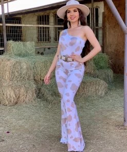 Valeria'S Boutique Bessie Cowprint One Shoulder Bodysuit (Taupe) Rodeo Collection