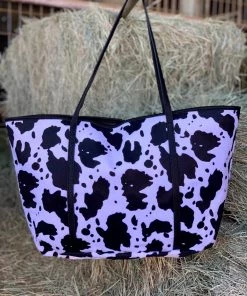 Valeria'S Boutique New Arrivals Cowprint Tote Bag (Black)