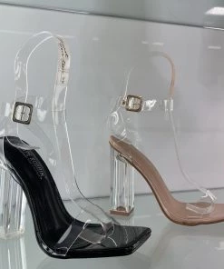 Valeria'S Boutique New Arrivals Black Clear Chunky Square Toe Heels