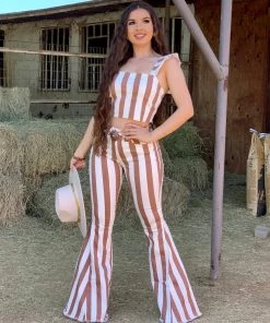 Valeria'S Boutique Rodeo Collection Vintage Striped Mid/High Rise Bell Bottom Jeans (Rust)