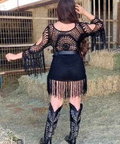 Valeria'S Boutique Rodeo Collection Hannah Crochet Fringe Coverup (Black)