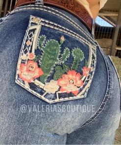 Valeria'S Boutique Cactus Floral Embroidered High Rise Bootcut Jeans