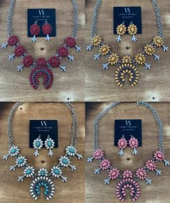 Valeria'S Boutique Rounded Squash Blossom Necklace Set (Red, Yellow, White & Turquoise, & Peach)
