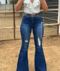 Valeria'S Boutique New Arrivals Rutila High Rise Bell Bottom Jeans (Dark)(With Rips) - Eco-Friendly