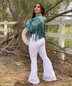 Valeria'S Boutique La Quebradora Fringe Suede Jacket (Turquoise)