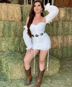 Valeria'S Boutique Matilde Long Sleeve Ruched Drawstring Mini Dress (White)