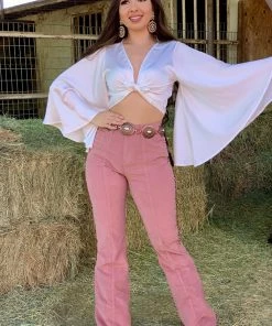 Valeria'S Boutique COLORES Collection Pink High Rise Corduroy Flare Pants