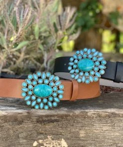 Valeria'S Boutique New Arrivals Large Turquoise Flower Buckle Belt (Black)