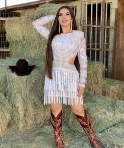 Valeria'S Boutique Victoria Lace Fringe Mini Dress (White)