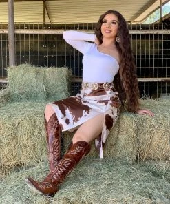 Valeria'S Boutique Lola Cowprint Midi Skirt (Brown)